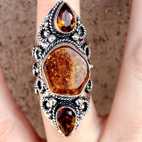 New Baltic Amber & Citrine 925 Silver Statement Ring. - Picture 7 of 13